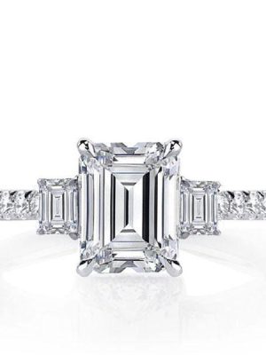 Emerald & White Sapphire Three Stone Ring - 925 Sterling Silver