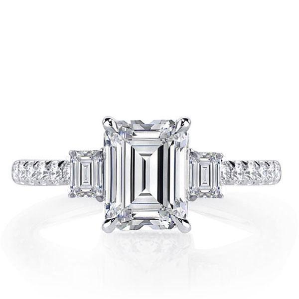 Emerald & White Sapphire Three Stone Ring - 925 Sterling Silver