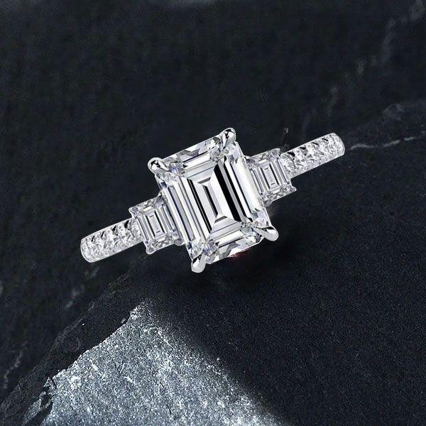 Emerald & White Sapphire Three Stone Ring - 925 Sterling Silver