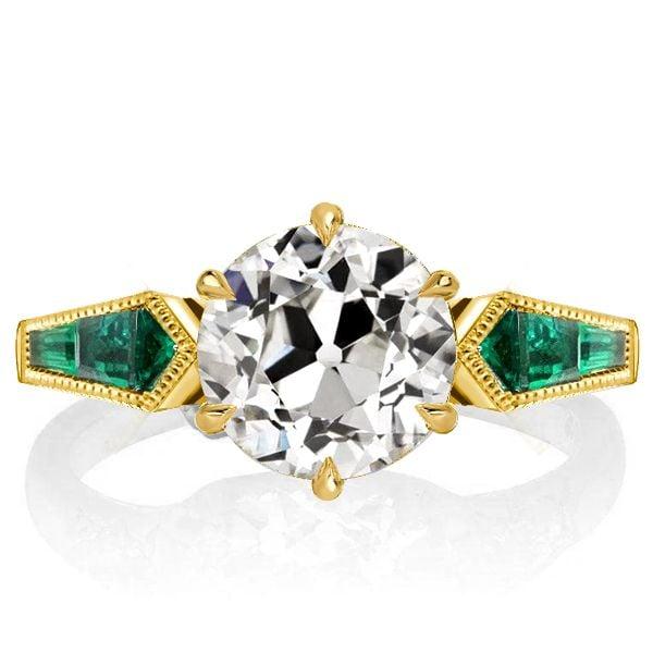 18K Gold Plated Sterling Silver Engagement Ring with Round Cut White & Emerald Cut Sapphire