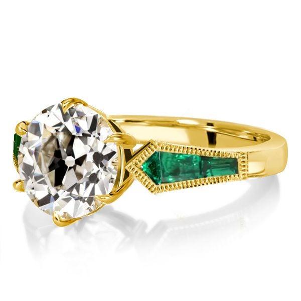 18K Gold Plated Sterling Silver Engagement Ring with Round Cut White & Emerald Cut Sapphire