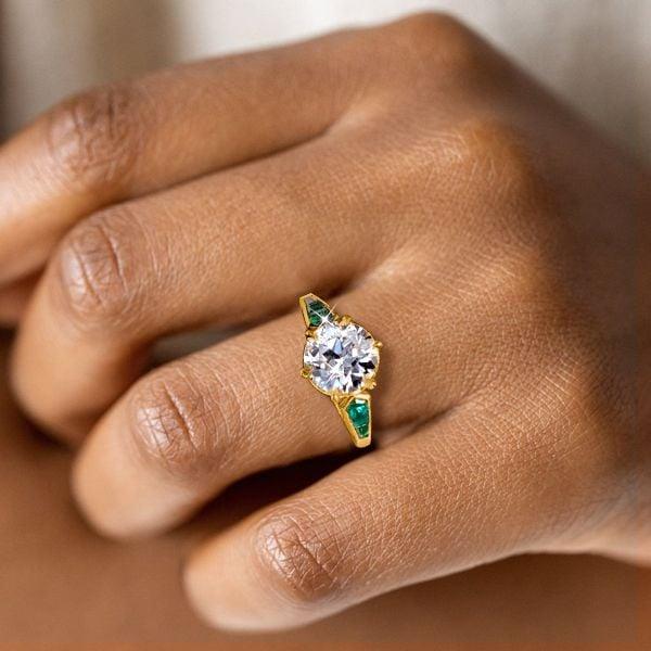 18K Gold Plated Sterling Silver Engagement Ring with Round Cut White & Emerald Cut Sapphire