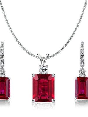 Ruby & Sapphire Emerald Cut Sterling Silver Necklace & Earrings Set