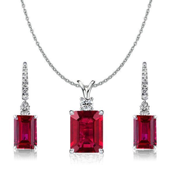 Ruby & Sapphire Emerald Cut Sterling Silver Necklace & Earrings Set