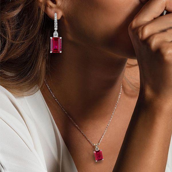Ruby & Sapphire Emerald Cut Sterling Silver Necklace & Earrings Set