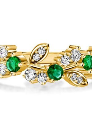 Golden Emerald Leaf Floral Wedding Band Ring - 18K Gold Plated Sterling Silver