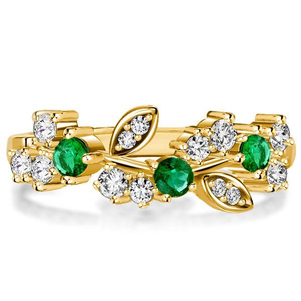 Golden Emerald Leaf Floral Wedding Band Ring - 18K Gold Plated Sterling Silver