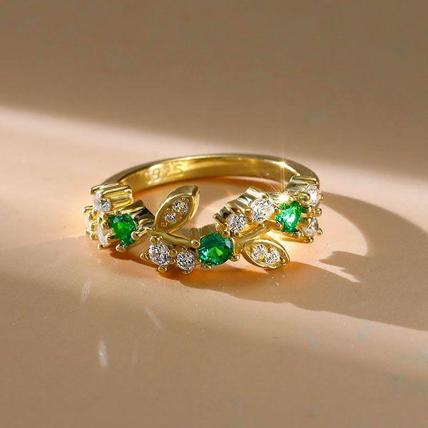 Golden Emerald Leaf Floral Wedding Band Ring - 18K Gold Plated Sterling Silver
