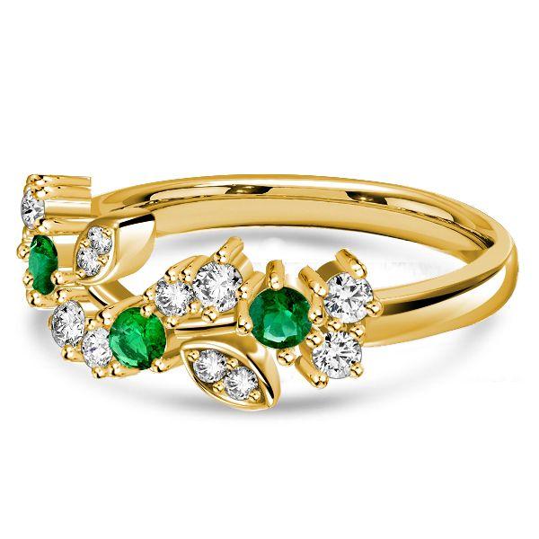 Golden Emerald Leaf Floral Wedding Band Ring - 18K Gold Plated Sterling Silver