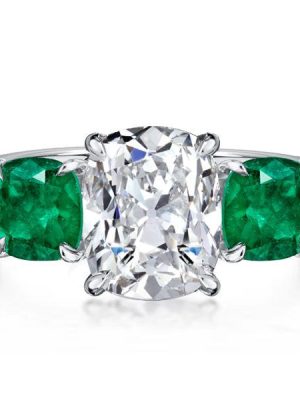 Cushion Cut 3 Stone Emerald Engagement Ring - Sterling Silver
