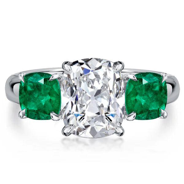 Cushion Cut 3 Stone Emerald Engagement Ring - Sterling Silver