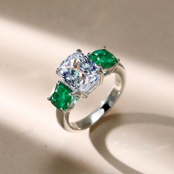 Cushion Cut 3 Stone Emerald Engagement Ring - Sterling Silver