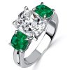 Cushion Cut 3 Stone Emerald Engagement Ring - Sterling Silver