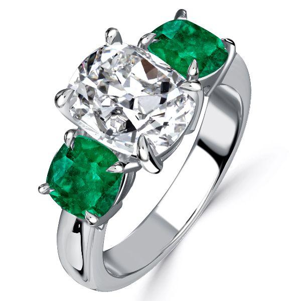 Cushion Cut 3 Stone Emerald Engagement Ring - Sterling Silver