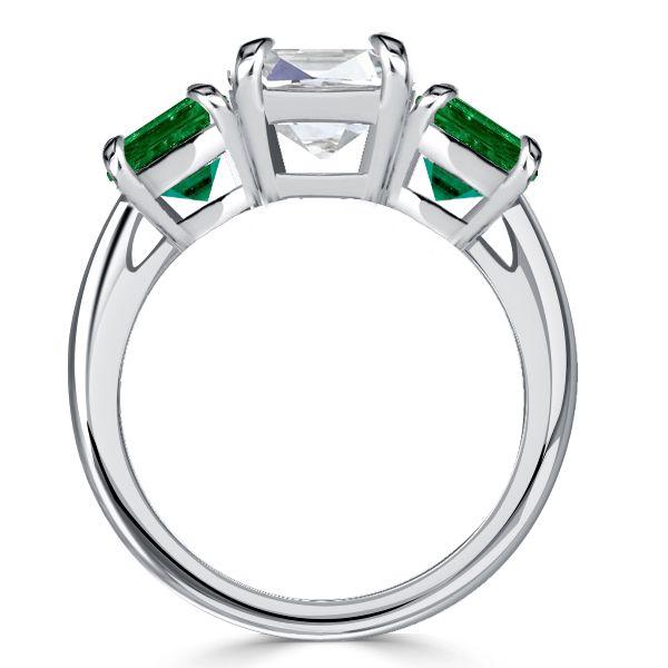 Cushion Cut 3 Stone Emerald Engagement Ring - Sterling Silver
