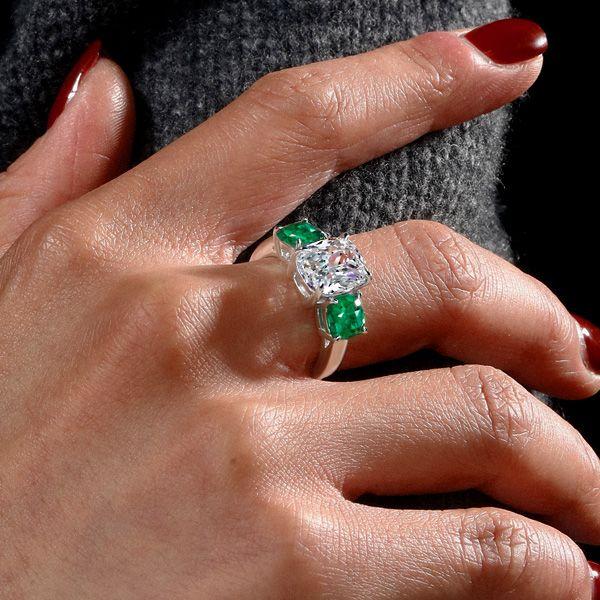 Cushion Cut 3 Stone Emerald Engagement Ring - Sterling Silver