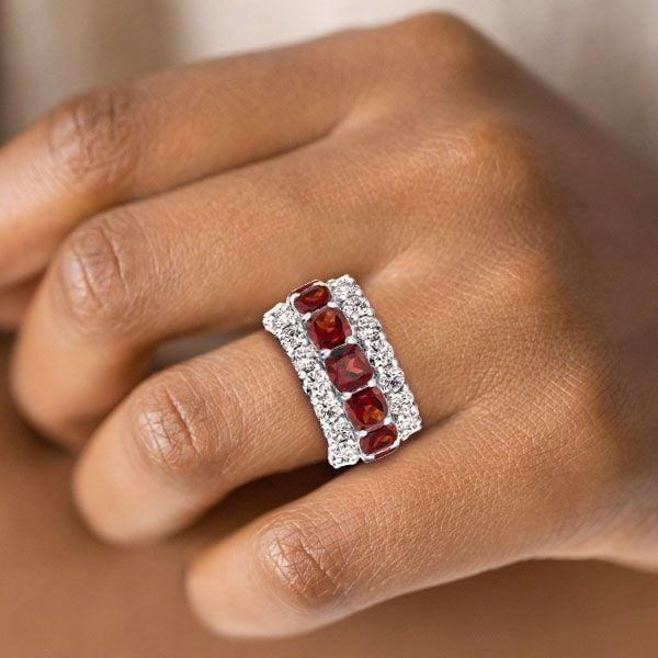 Sterling Silver 6.25 CT. TW. Cushion Garnet Wedding Band Ring