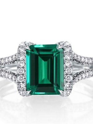 Emerald Cut Green Simulated Emerald Engagement Ring - Split Shank Sterling Silver