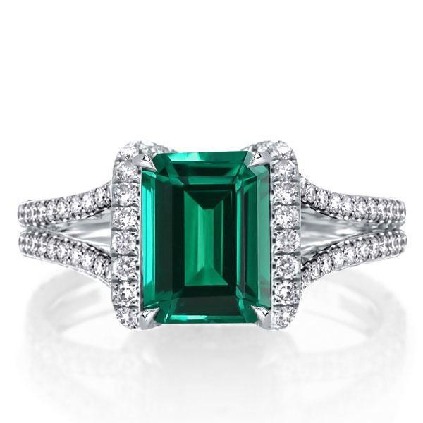Emerald Cut Green Simulated Emerald Engagement Ring - Split Shank Sterling Silver
