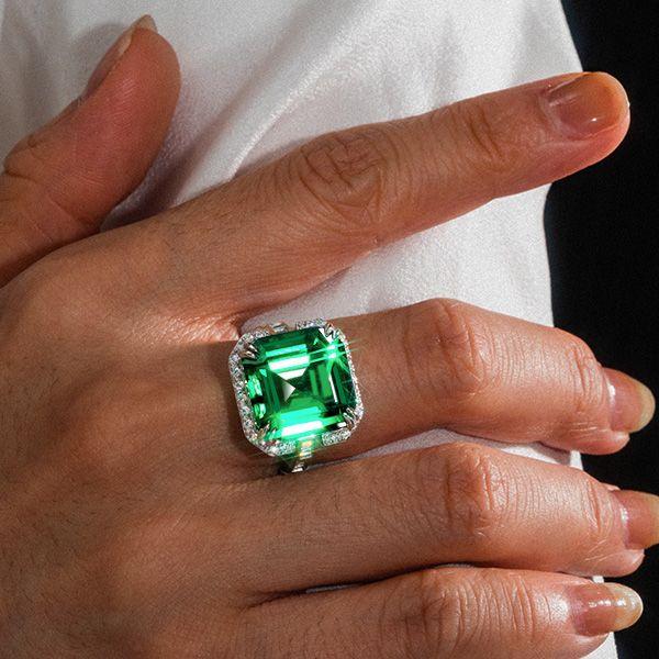 9.00 CT Asscher Cut Emerald Color Engagement Ring in Rhodium Plated Sterling Silver
