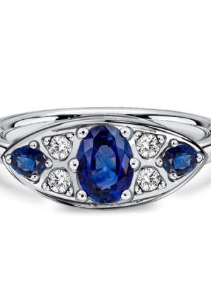Vintage Style Oval Blue Sapphire Sterling Silver Ring - Rhodium Plated