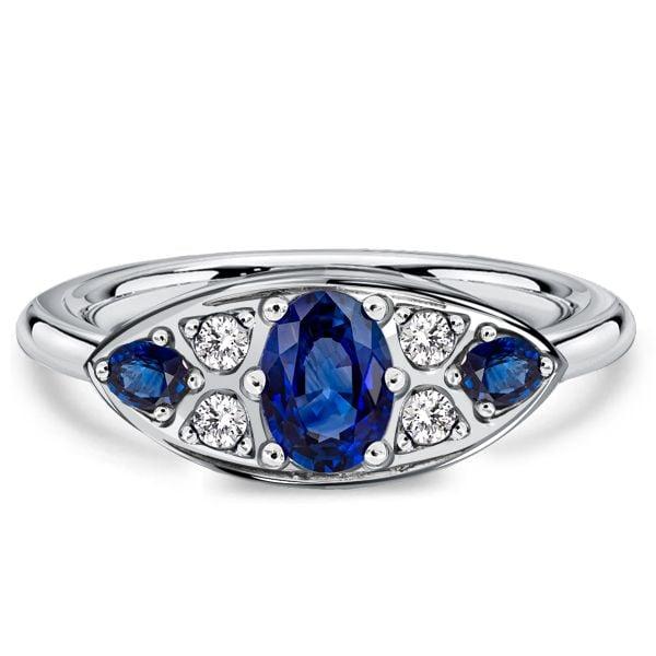 Vintage Style Oval Blue Sapphire Sterling Silver Ring - Rhodium Plated