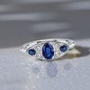 Vintage Style Oval Blue Sapphire Sterling Silver Ring - Rhodium Plated