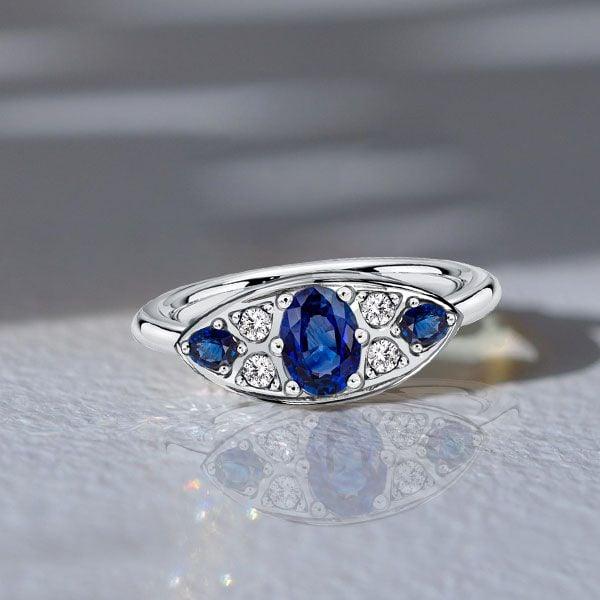 Vintage Style Oval Blue Sapphire Sterling Silver Ring - Rhodium Plated