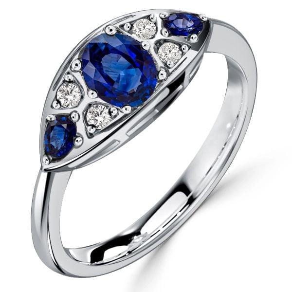 Vintage Style Oval Blue Sapphire Sterling Silver Ring - Rhodium Plated