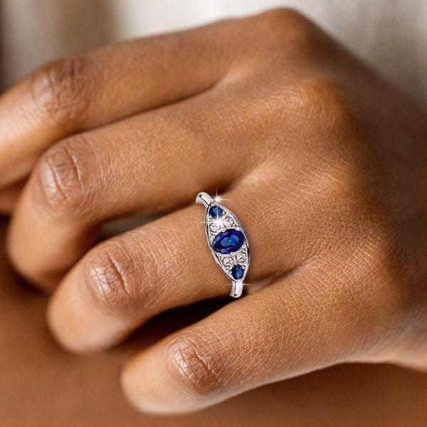 Vintage Style Oval Blue Sapphire Sterling Silver Ring - Rhodium Plated