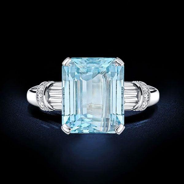 Emerald Cut Aquamarine Engagement Ring in Rhodium-Plated Sterling Silver