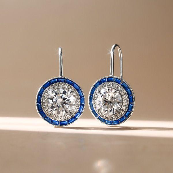 Halo Created White & Blue Sapphire Drop Earrings - Sterling Silver