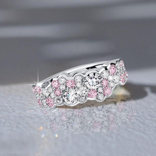 Micro Pave White and Pink Sapphire Half Eternity Band Ring in Sterling Silver