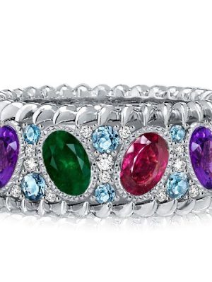 Oval Multicolor Gemstone Wedding Band in Sterling Silver