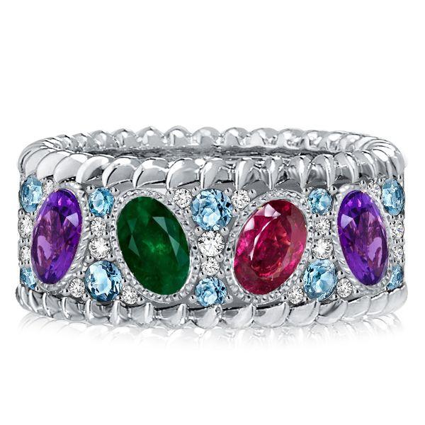Oval Multicolor Gemstone Wedding Band in Sterling Silver