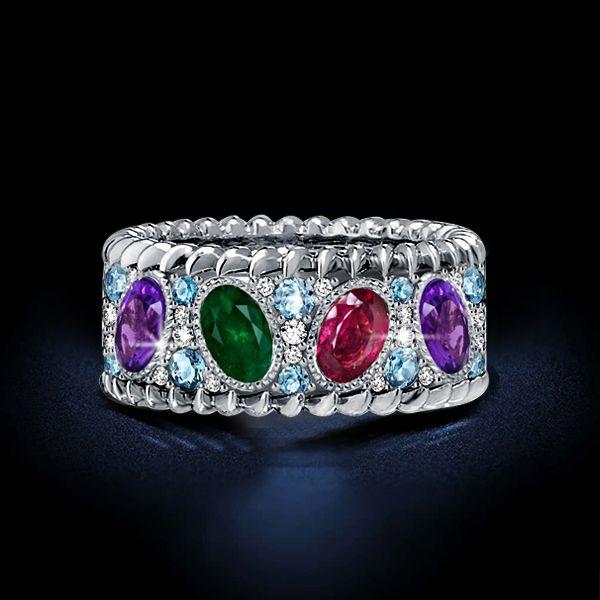 Oval Multicolor Gemstone Wedding Band in Sterling Silver