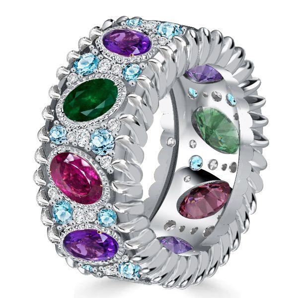 Oval Multicolor Gemstone Wedding Band in Sterling Silver