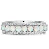 Triple Row Opal and White Round Cut Eternity Wedding Band in Sterling Silver
