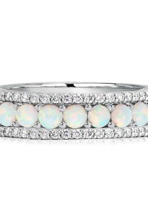 Triple Row Opal and White Round Cut Eternity Wedding Band in Sterling Silver
