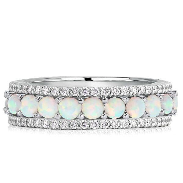 Triple Row Opal and White Round Cut Eternity Wedding Band in Sterling Silver