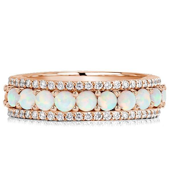 Triple Row Opal and White Round Cut Eternity Wedding Band in Sterling Silver