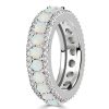Triple Row Opal and White Round Cut Eternity Wedding Band in Sterling Silver