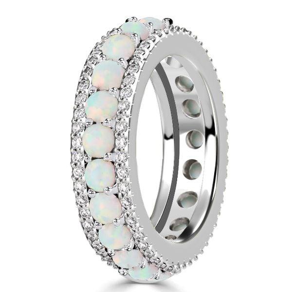 Triple Row Opal and White Round Cut Eternity Wedding Band in Sterling Silver