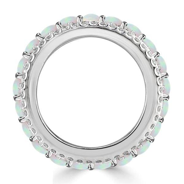 Triple Row Opal and White Round Cut Eternity Wedding Band in Sterling Silver