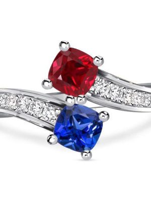 Toi Et Moi Ring: Sterling Silver Ruby & Blue Sapphire Cushion Cut Ring