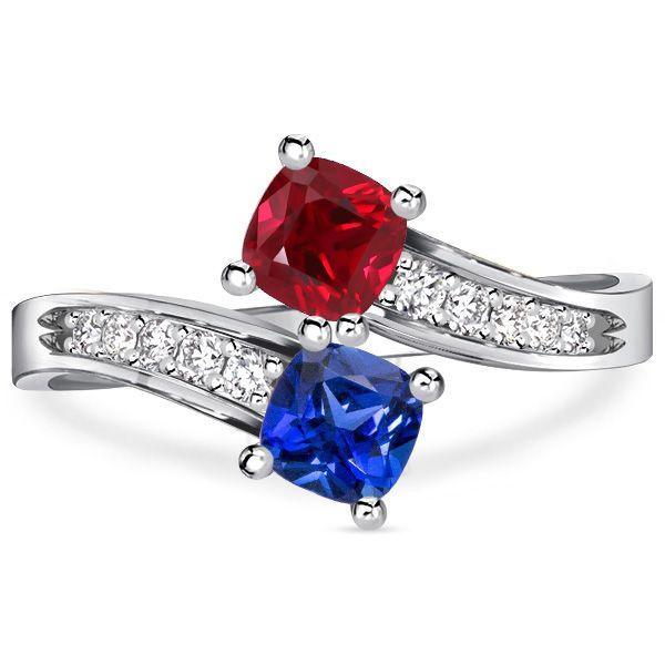 Toi Et Moi Ring: Sterling Silver Ruby & Blue Sapphire Cushion Cut Ring