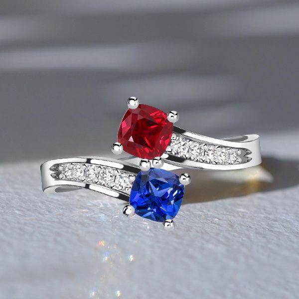 Toi Et Moi Ring: Sterling Silver Ruby & Blue Sapphire Cushion Cut Ring