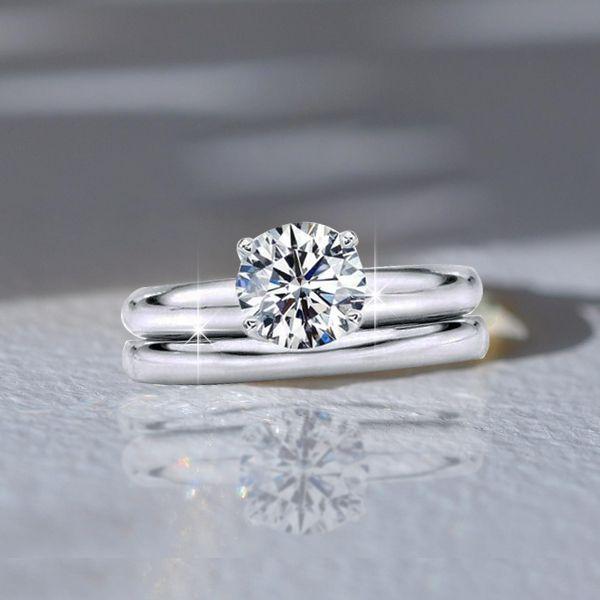 White Sapphire Solitaire Bridal Ring Set in Sterling Silver
