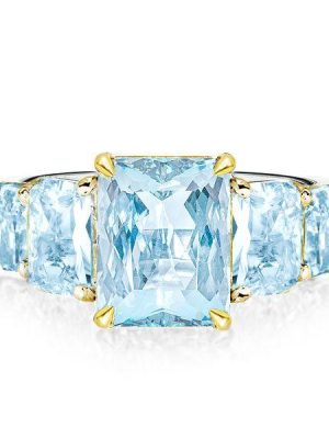Radiant Cut Aquamarine Five Stone Engagement Ring - Sterling Silver
