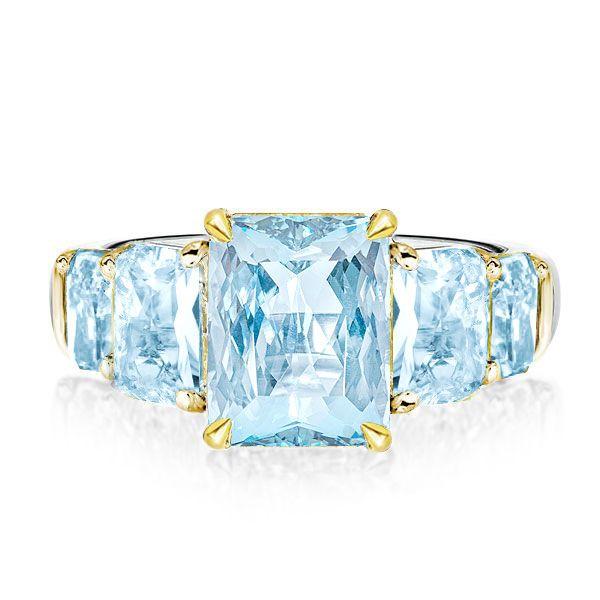 Radiant Cut Aquamarine Five Stone Engagement Ring - Sterling Silver